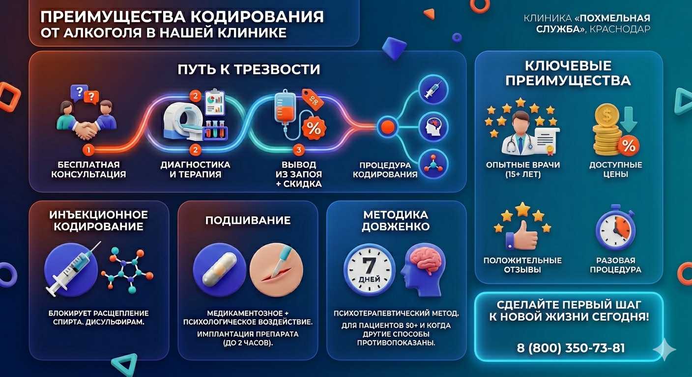 Инфографика о методах кодирования от алкоголя в Сысерте: инъекции, подшивание, метод Довженко. Преимущества клиники и этапы лечения.