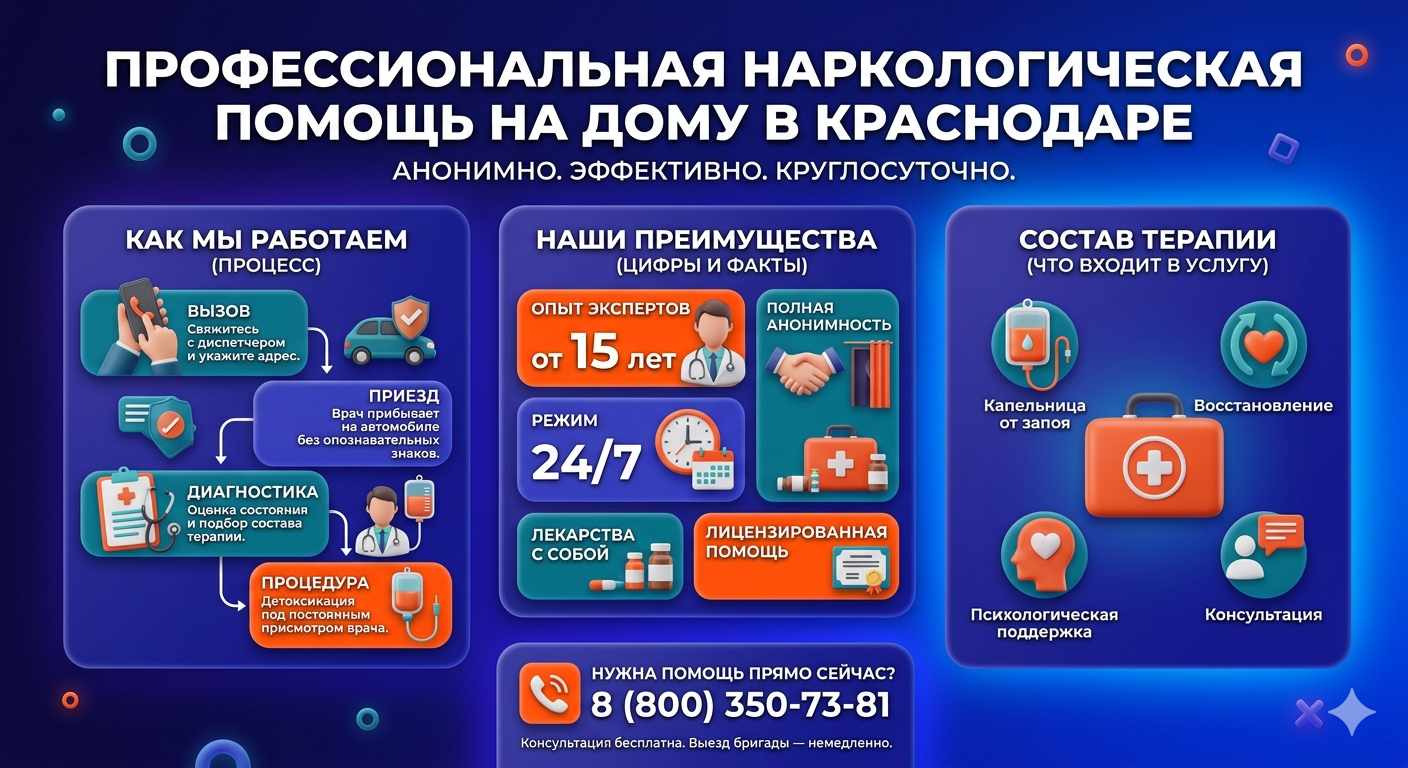 Инфографика о принципах лечения алкоголизма на дому в Сысерте: этапы вызова нарколога, преимущества анонимной детоксикации и состав медицинской помощи.